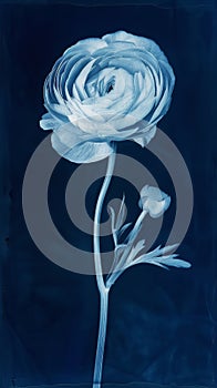 Photosensitive sun print photography or cyanotype of single Ranunculus. Herbarium concept. Generative AI photo