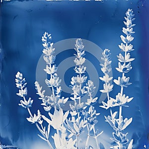 Photosensitive sun printing photo or cyanotype of lavender. Watercolour illustration. Herbarium concept. Generative AI photo