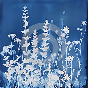 Photosensitive sun printing photo or cyanotype of lavender. Watercolour illustration. Herbarium concept. Generative AI photo