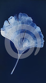 Photosensitive sunprint photography or cyanotype of Ginkgo biloba leaves. Herbarium concept. Generative AI photo