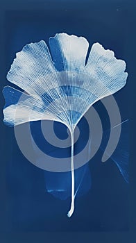 Photosensitive sunprint photography or cyanotype of Ginkgo biloba leaves. Herbarium concept. Generative AI photo