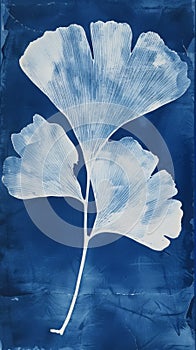 Photosensitive sunprint photography or cyanotype of Ginkgo biloba leaves. Herbarium concept. Generative AI photo