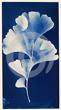 Photosensitive sunprint photography or cyanotype of Ginkgo biloba leaves. Herbarium concept. Generative AI photo