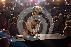 photoshopped image of dog sitting on stage in front of crowd, performing with band photo