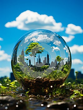 Photosphere and earth in the sky. A glass ball with a tree inside of it photo