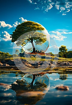 Photosphere and earth in the sky. A painting of a tree with a reflection in the water