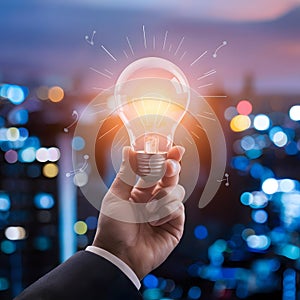 PhotoStock Businessman hand holding light bulb on blurry city background, symbolizing idea concept