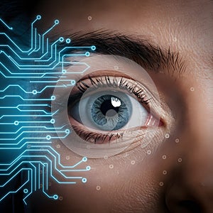 PhotoStock Close up of human eye with circuit board, technology integration concept