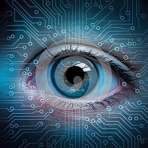 PhotoStock Close up of human eye with circuit board, technology integration concept