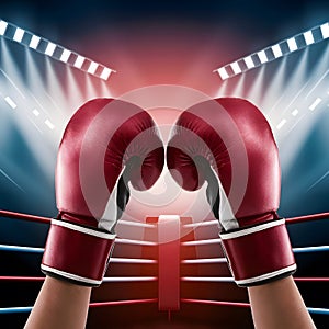 PhotoStock Closeup boxing gloves poised for action in the electrifying arena atmosphere