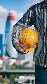 PhotoStock Construction worker holding yellow safety helmet against a beautiful city background