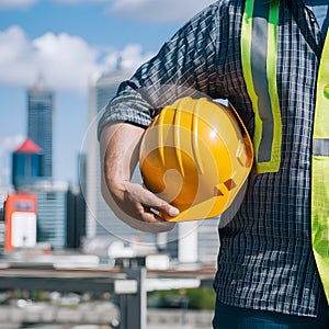 PhotoStock Construction worker holding yellow safety helmet against a beautiful city background