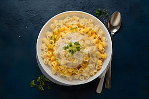 PhotoStock An enticing display of macaroni and cheese captured in flat laygraphy