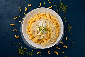 PhotoStock An enticing display of macaroni and cheese captured in flat laygraphy