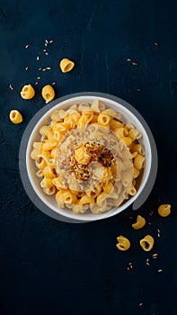 PhotoStock An enticing display of macaroni and cheese captured in flat laygraphy