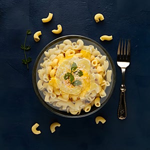 PhotoStock An enticing display of macaroni and cheese captured in flat laygraphy