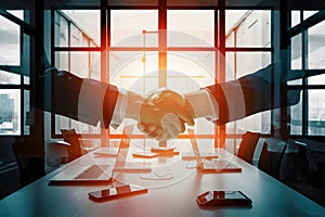 PhotoStock Handshaking business person in office, symbolizing teamwork and partnership in double exposure