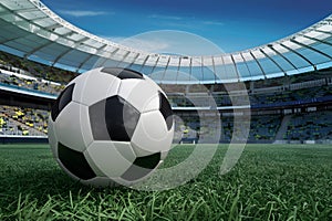 PhotoStock Soccer ball on grass field in stadium, symbolizing sportsmanship and competitive spirit