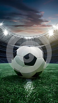 PhotoStock Soccer ball on grass field in stadium, symbolizing sportsmanship and competitive spirit