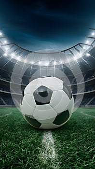 PhotoStock Soccer ball on grass field in stadium, symbolizing sportsmanship and competitive spirit