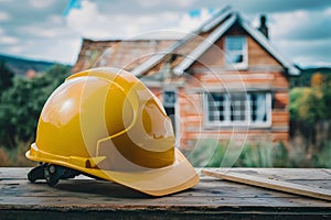 PhotoStock Yellow safety helmet on table with backdrop of house under construction photo