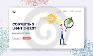 Photosynthesis Converting Light Energy Landing Page Template. Tiny Scientist Character Look on Leaf through Huge Glass