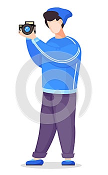 Phototgrapher amateur taking photo with reflex camera, cartoon vector character at white background