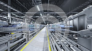 Photovoltaic cells being placed on assembly lines, 3D render