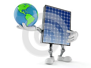 Photovoltaic panel character holding world globe