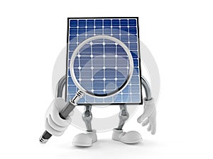 Photovoltaic panel character looking through magnifying glass