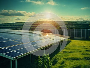 Photovoltaic panels on the roof . View of solar panels (solar cell) on field