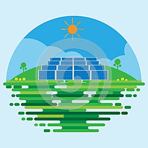 Photovoltaic Power Station or Solar Farm flat scene background vector design.