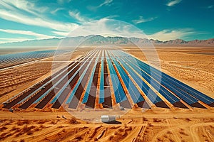 Photovoltaic solar farm stretching across acres of barren desert terrain, demonstrating transformation of sunlight into