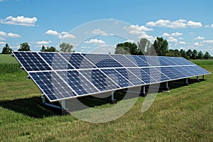 Photovoltaic Solar panels farm on green grass with sky background to produce clean green energy.