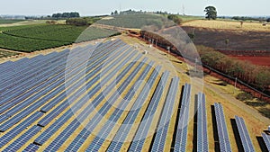 Photovoltaic solar panels field. Alternative energy generation. Green energy.