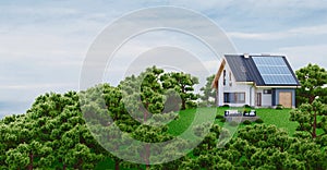 Photovoltaic Solar Panels on Newly Built Modern House, 3d rendering