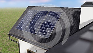 Photovoltaic solar panels on roof of a house producing renewable energy. 3D rendered illustration