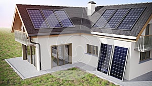 Photovoltaic solar panels on roof of a house producing renewable energy. 3D rendered illustration