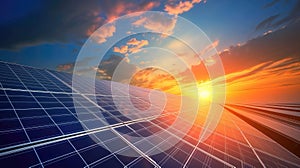 Photovoltaic solar panels on sunset sky background, green clean energy concept.