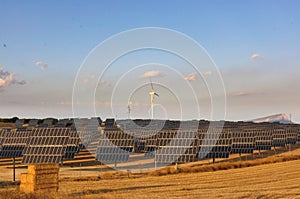 photovoltaic solar power panel on sky background, green clean Alternative power energy concept