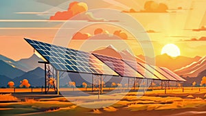 Photovoltaic solar power panels on sunset landscape background