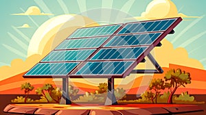 Photovoltaic solar power panels on sunset landscape background