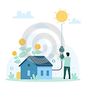 Photovoltaic system for smart home, tiny man connecting plug on wire to socket from sun