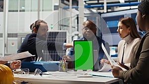 Photovoltaics plant specialists design solar cell prototypes on mockup device photo
