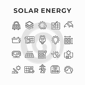 Photovoltaics solar panel generating electricity icon design. Solar power station, alternative energy line vector icons