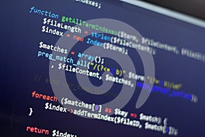 PHP back-end code. Computer programming source code. Abstract screen of web developer. Digital technology modern background