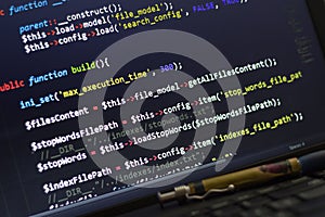 PHP back-end code. Computer programming source code. Abstract screen of web developer. Digital technology modern background