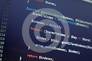 PHP back-end code. Computer programming source code. Abstract screen of web developer. Digital technology modern background