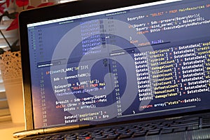 PHP back-end code. Computer programming source code. Abstract screen of web developer. Digital technology modern background