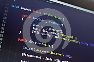 PHP back-end code. Computer programming source code. Abstract screen of web developer. Digital technology modern background